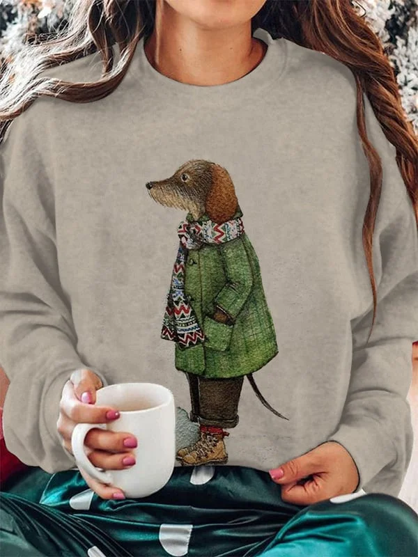 Women's Winter Dog Print Crew Neck Sweatshirt