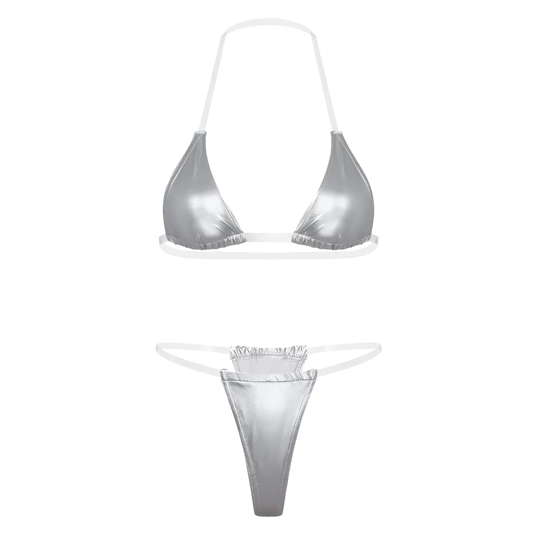 Uaang Women S Mini Bikini Set Sexy Swimsuit Wet Look Patent Leather Two