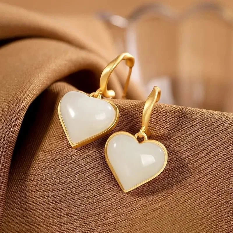 Jade Earrings S925 Sterling Silver Heart-Shaped Earrings Natural Hetian White Jade Love Heart Stud Earrings Simple Graceful Gifts For Her