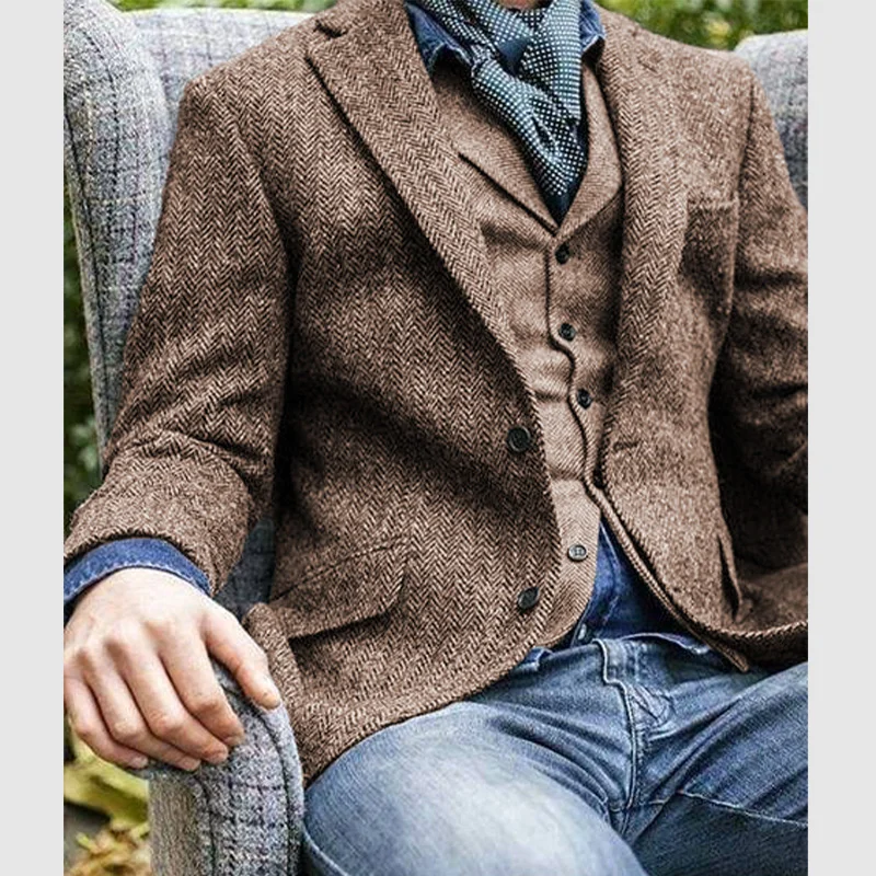 Men's Classic Lapel Herringbone Tweed Blazer( NEW )