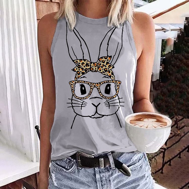 Easter Bunny Print Crew Neck Tank Top