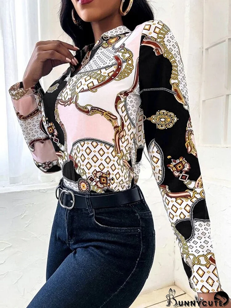 Chain Print Stand Collar Long Sleeve Blouse For Women