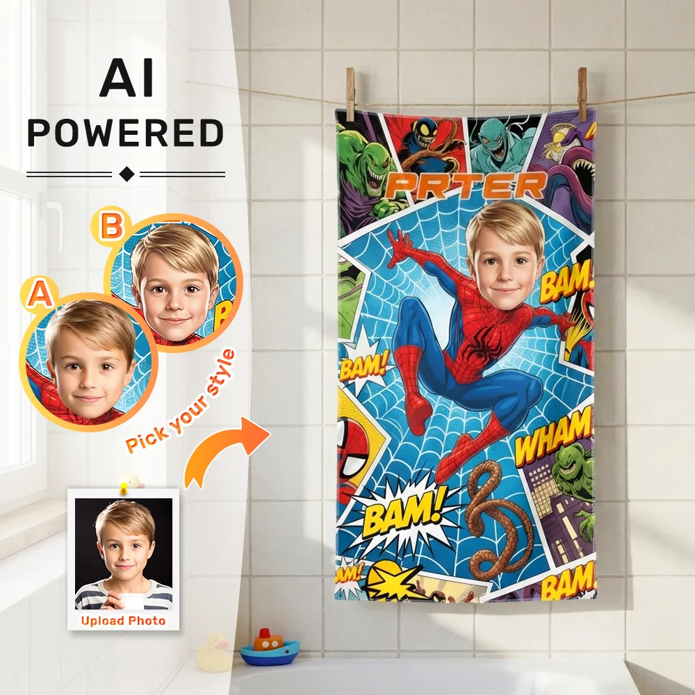 Custom Bath Towel AI Powered Spider Hero Boy Comic Book Children's Day Gift For Boy