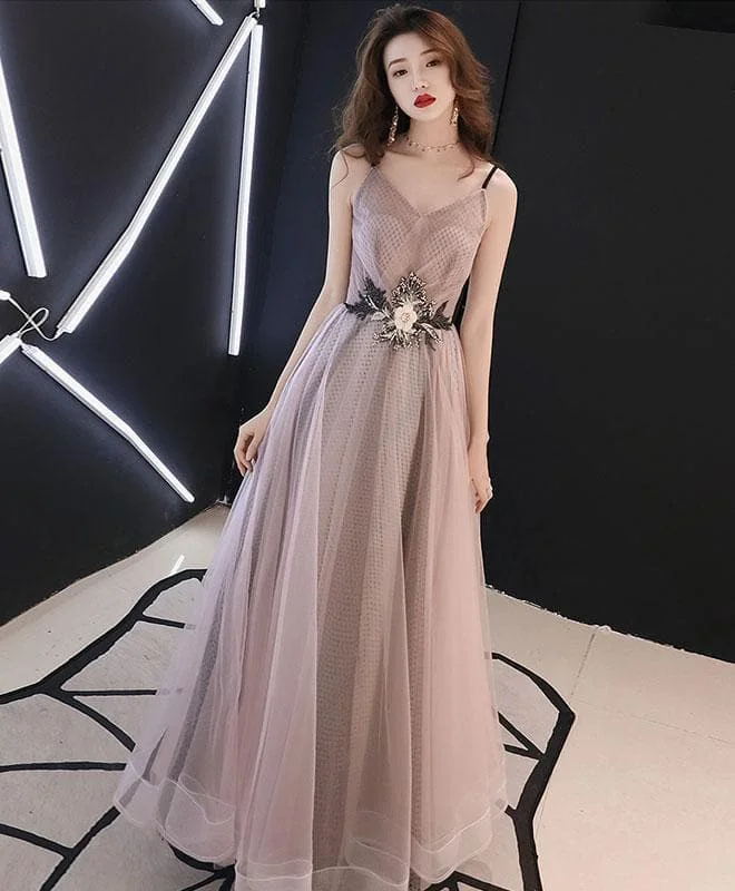 Champagne V Neck Tulle Long Prom Dress
