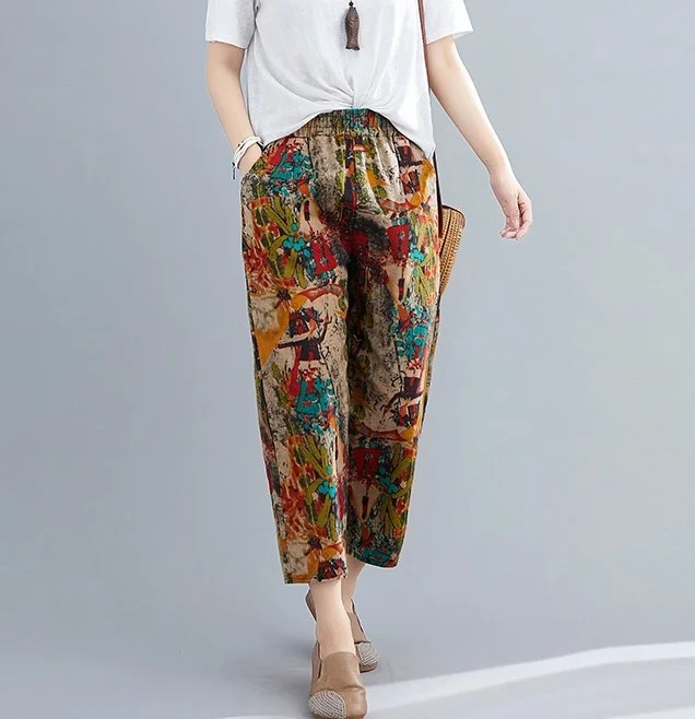 Women's Cotton Linen Pants Plus Size Floral Print Retro Loose Pants