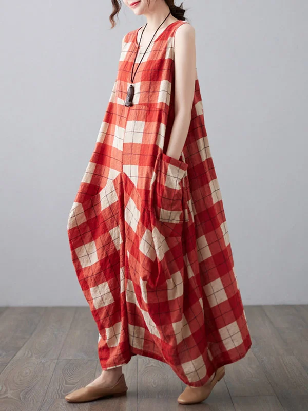 Original Plaid Sleeveless Split-Joint Irregularity Maxi Dress