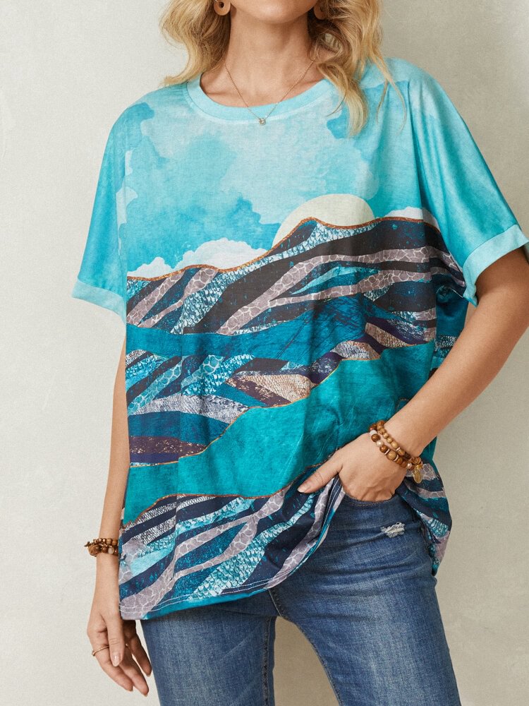 Landscape Print Loose O-neck Short Sleeve Casual T-Shirt For Women - Shop Trendy Women's Clothing | LoverChic