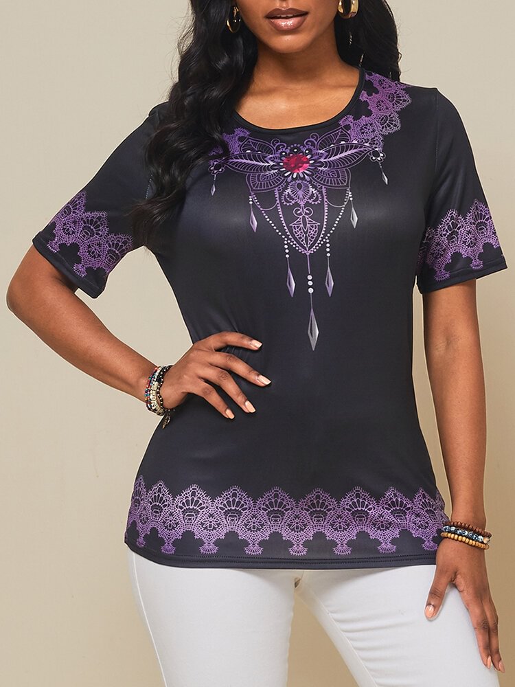 Vintage Printed O neck Short Sleeve T shirt P1722099