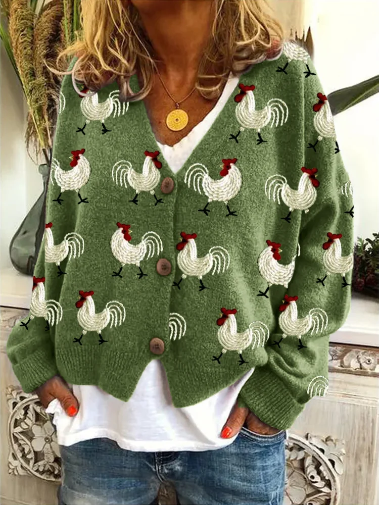 VChics Roosters Embroidery Pattern Cozy Knit Cardigan
