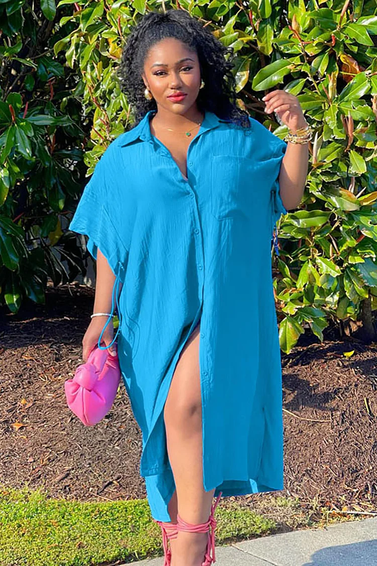 Turndown Collar Button Up Wide Short Sleeve Loose Fit Slit Blouse Midi Dresses