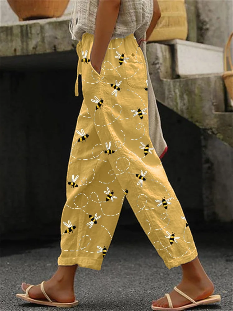 Comstylish Flying Bees Embroidered Linen Blend Casual Pants