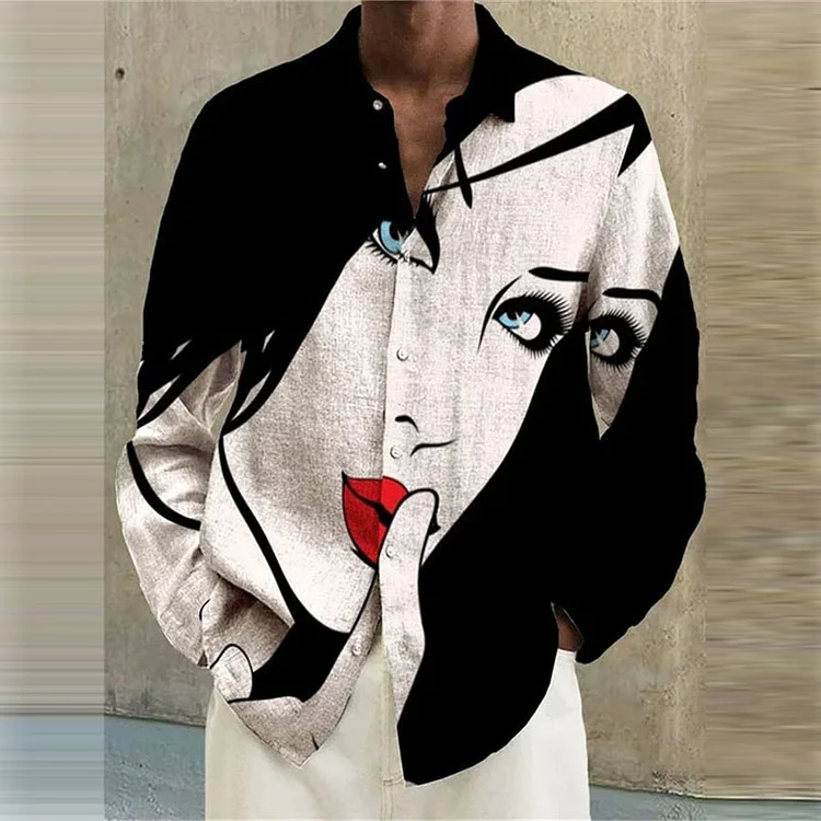 Men's Casual Colorblock Portrait Pattern Long Sleeve Shirts