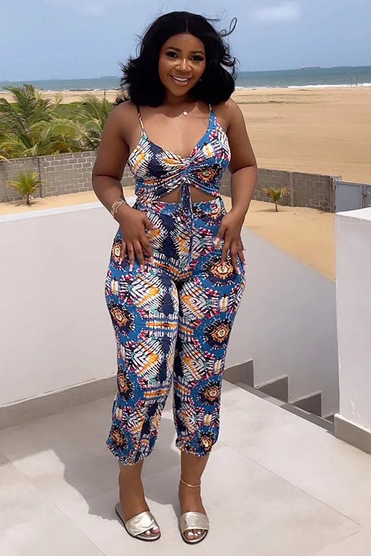 Cut Out Tribal Print V Neck Ruched Cami High Waist Vacation Jumpsuit