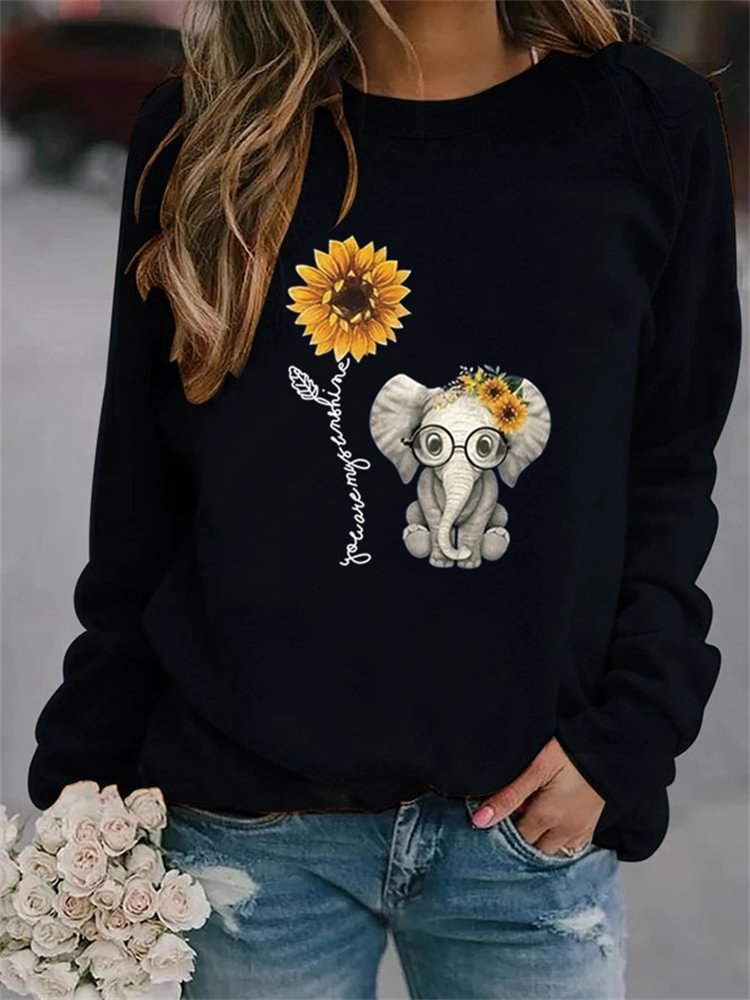 Lovely Elephant & Sunflower Print Sweatshirt