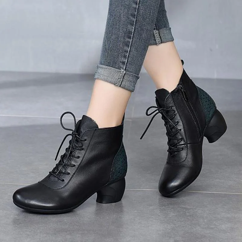Genuine Leather 2021 New Ankle Shoes Women Boots Zip Round Toe Concise Retro Sewing Ladies Boots