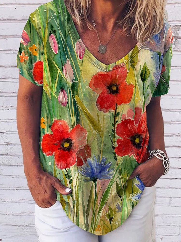 Bestdealfriday Spring Field Graphic Short Sleeve V Neck T-Shirt