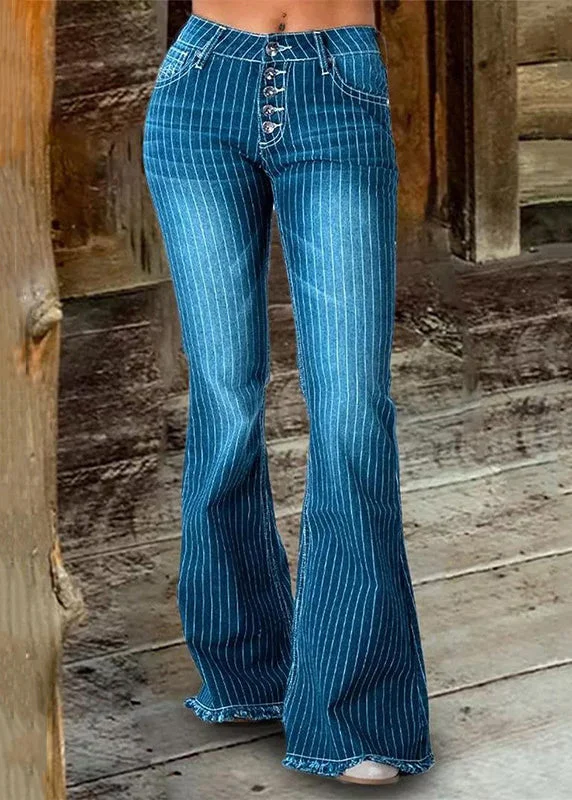 Stylish Blue Striped High Waist Denim Flare Bottoms Spring