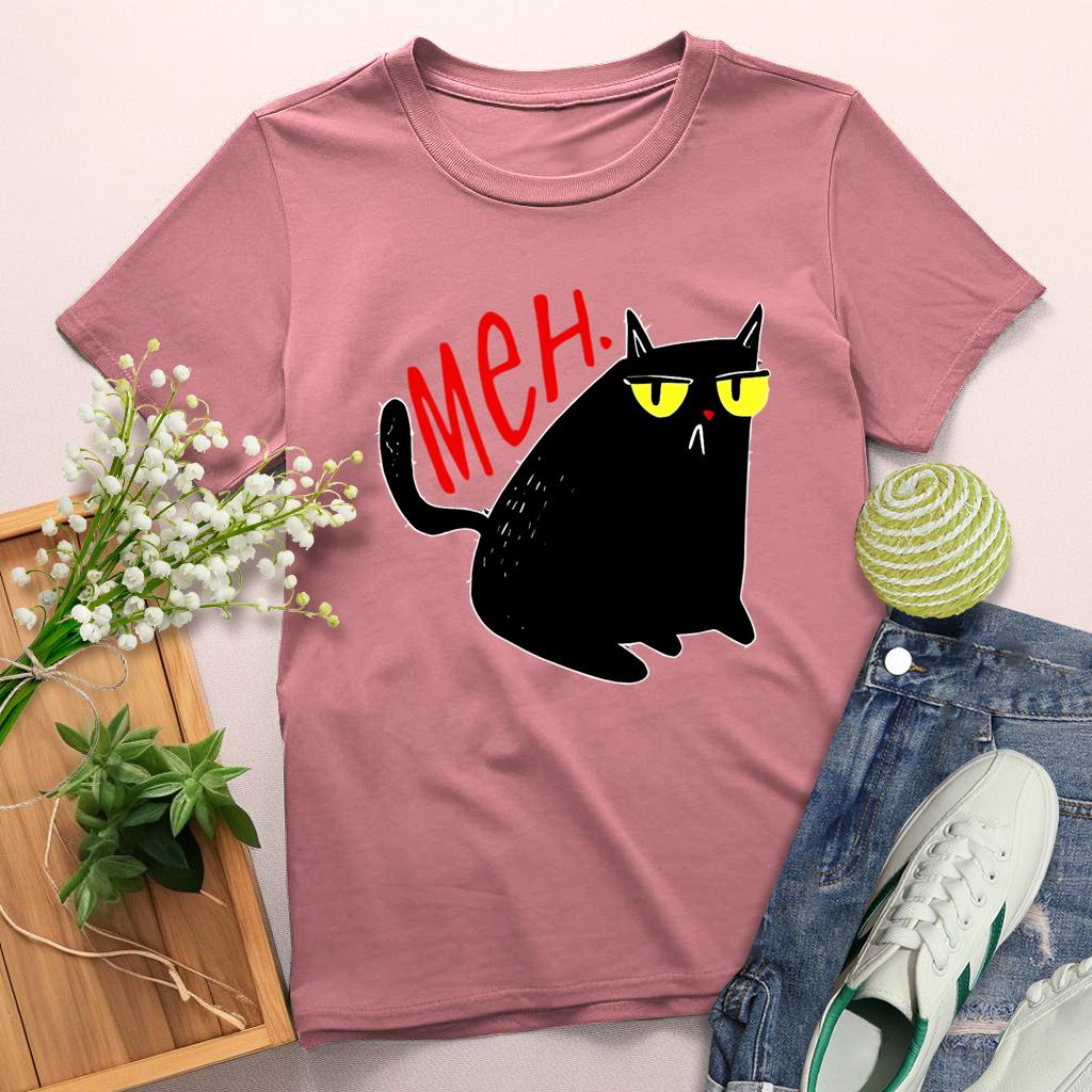 Meh Cat Round Neck T-shirt-0025154-Guru-buzz