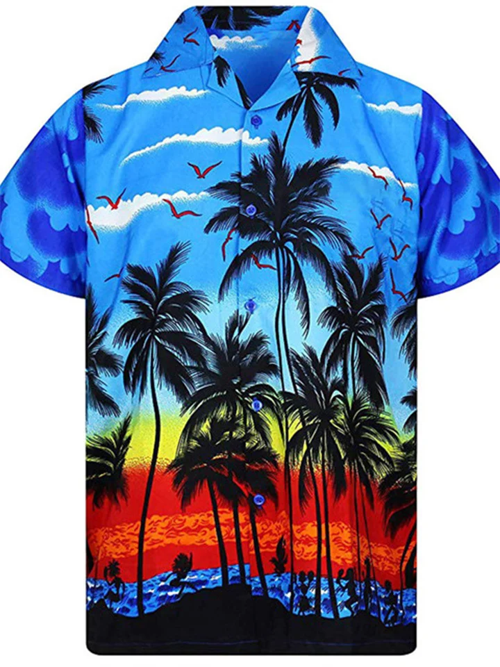 Summer Men's Hawaii Beach Digital Printing Short-sleeved Lapel Shirt 3D Coconut Tree Pattern Printed Shirt S,M,L,XL,XXL,XXXL-JRSEE