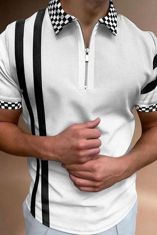 White Fashion Casual Plaid Striped Split Joint Zipper POLO collar Tops