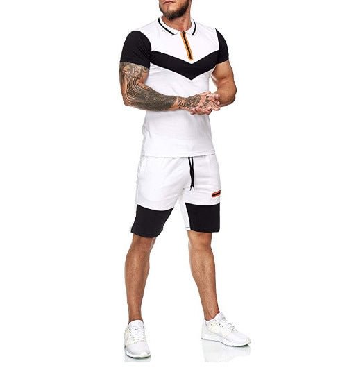 Casual Round Neck White Black Spliced Short Sleeve Tee & Drawstring Shorts Set