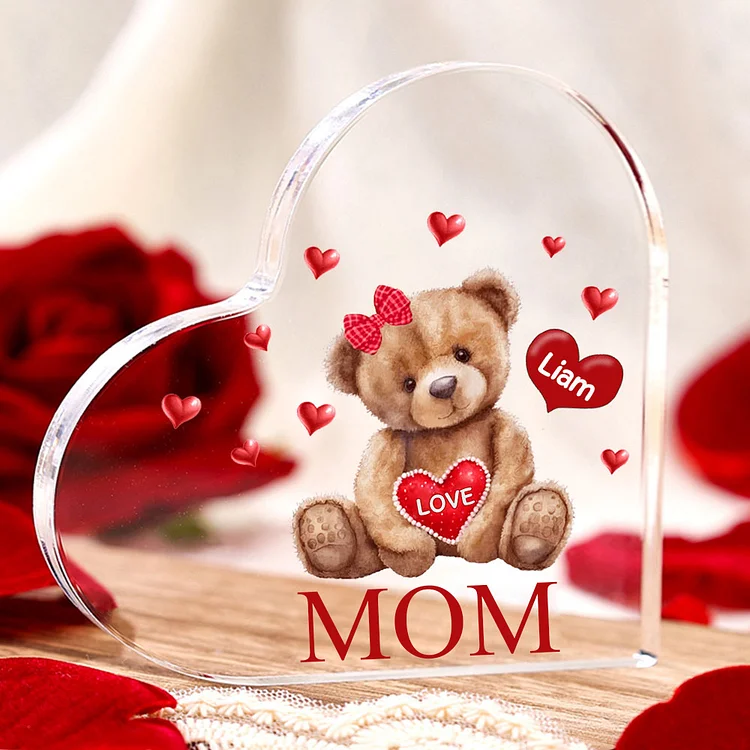 1 Name - Personalized Acrylic Heart Keepsake Custom 2 Texts Teddy Bear Ornaments Gifts for Grandma/Mother