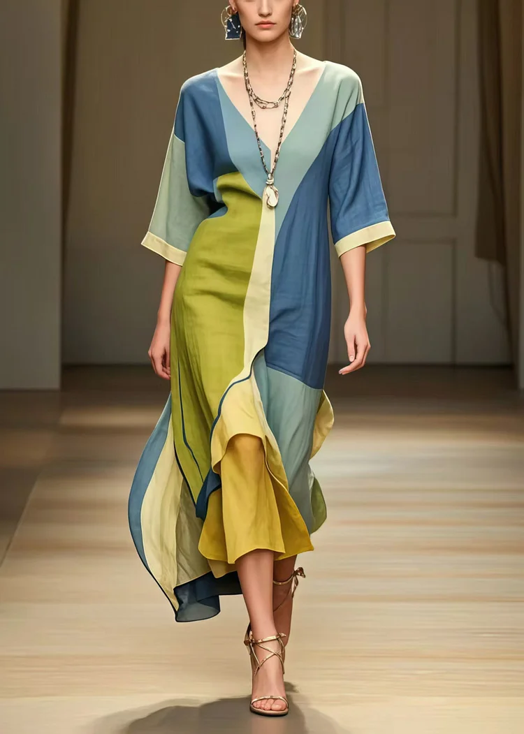 Casual Colorblock Asymmetrical Patchwork Cotton Long Dress Summer