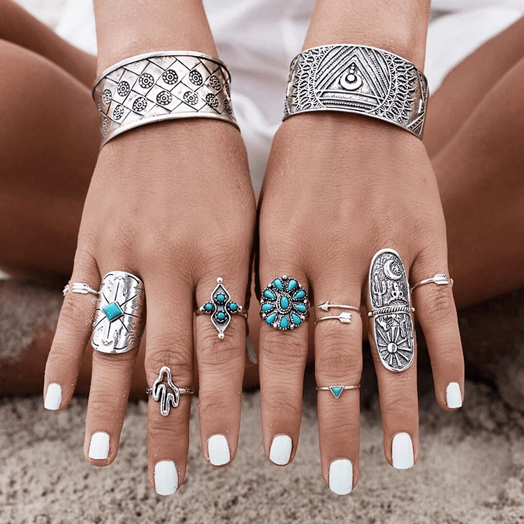 Olivenorma 9-piece Boho Stackable Turquoise Ring Set 
