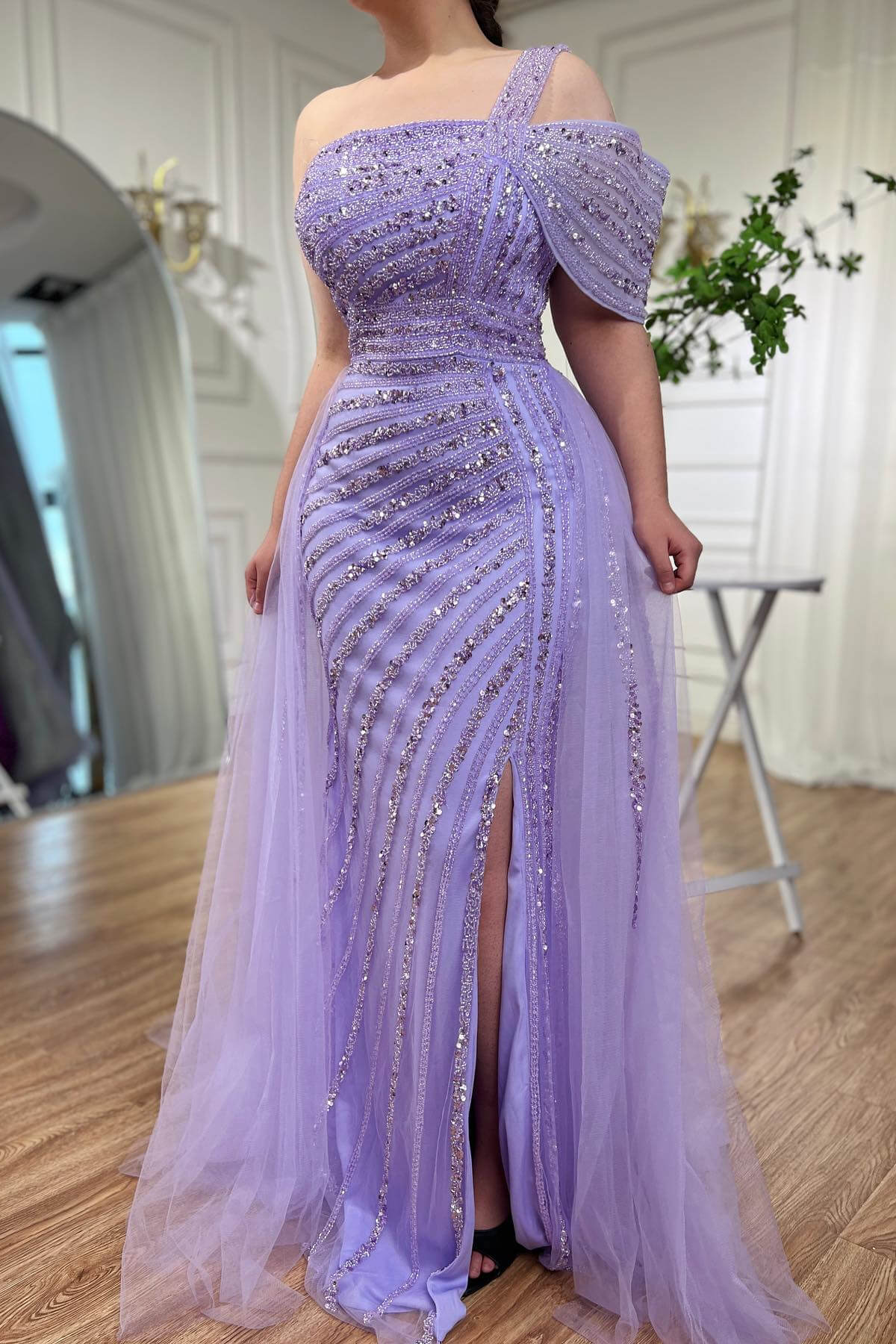 Dresseswow Lilac One Shoulder Mermaid Evening Party Dresses Beadings Long With Split