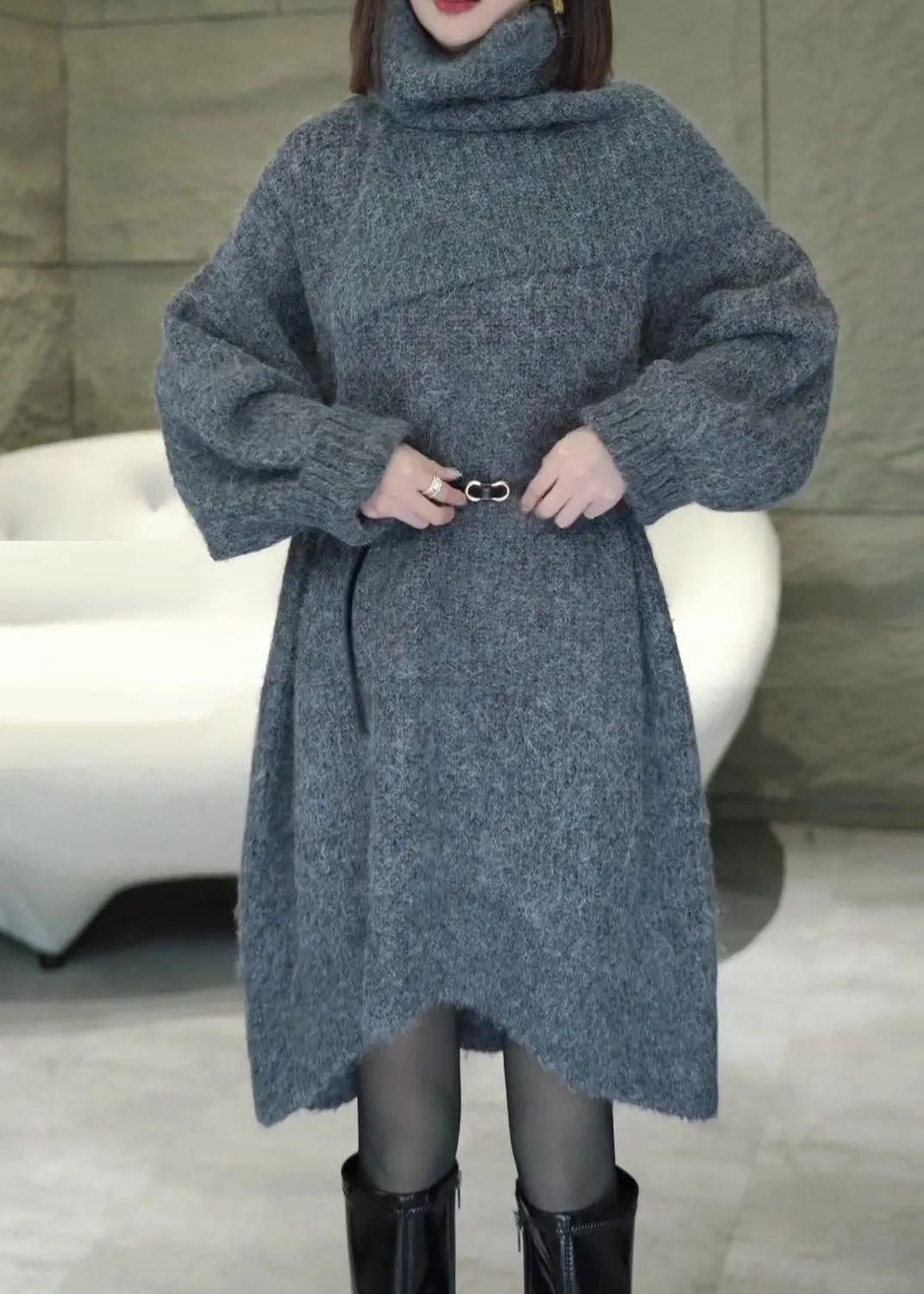 Solid Colored Loose Knit Dress with Turtleneck and Long Sleeves