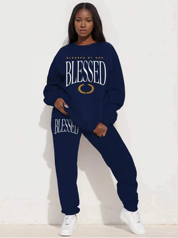 Women's Blessed By God Print Sweatshirt Casual Pants Matching Set