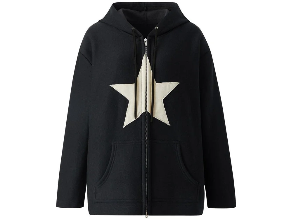 Uforever21 2023 Autumn New Fall Outfits Zip Up Star Patch Hoodie Top Oversize Loose Hooded Sweatshirt Vintage 90s Harajuku Women Y2k Grunge Clothes