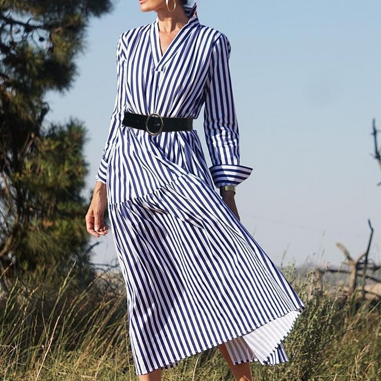 Womens Long Sleeves Belted Maxi Dresses Striped Printed Dress Slim Fit Elegant Evening Dresses - Shop Trendy Women's Clothing | LoverChic