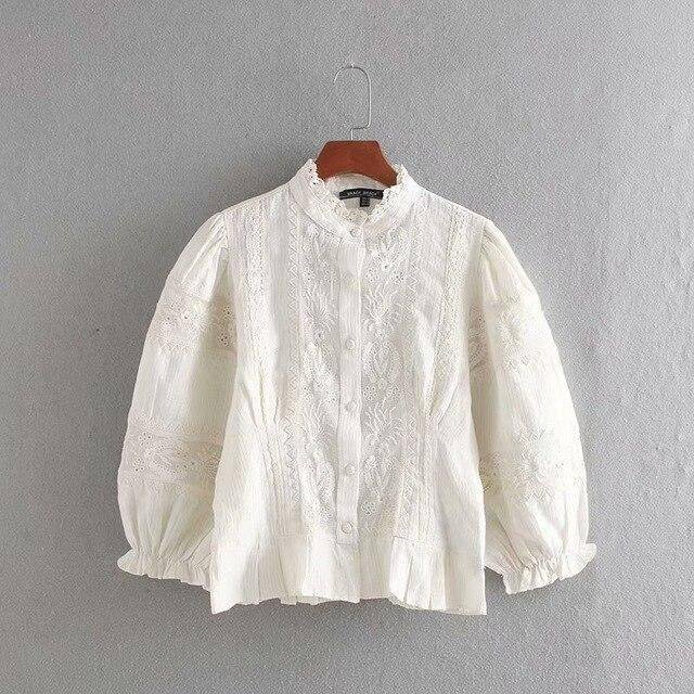 new women elegant stand collar embroidery lace patchwork casual Shirts blouses women ruffles femininas linen chemise tops LS4515