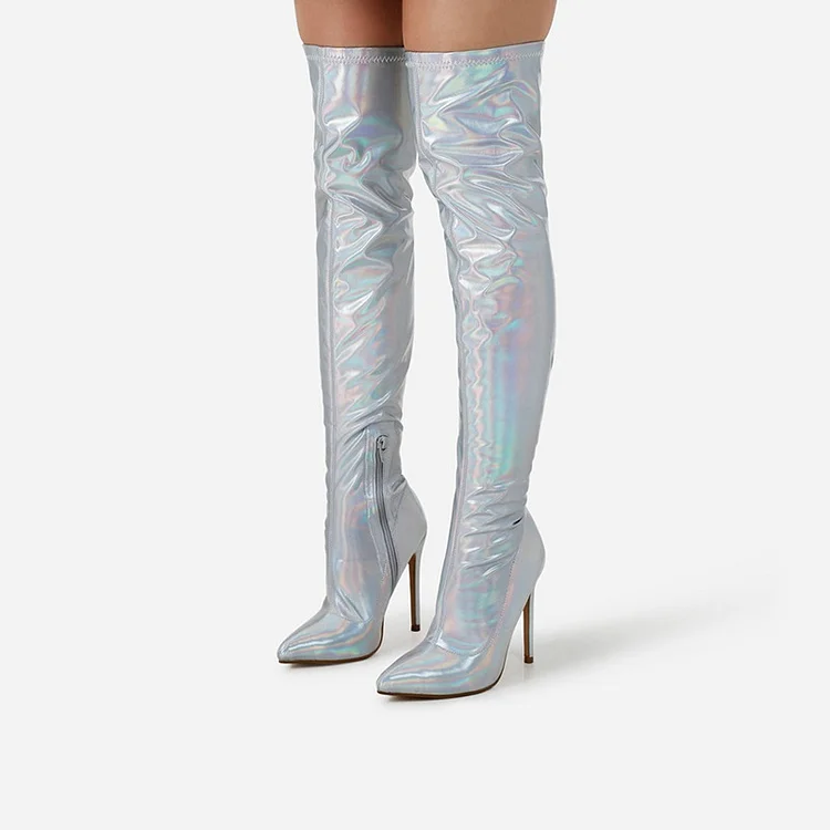 Silver Holographic Stiletto Heel Pointed Toe Over The Knee Boots |FSJ Shoes