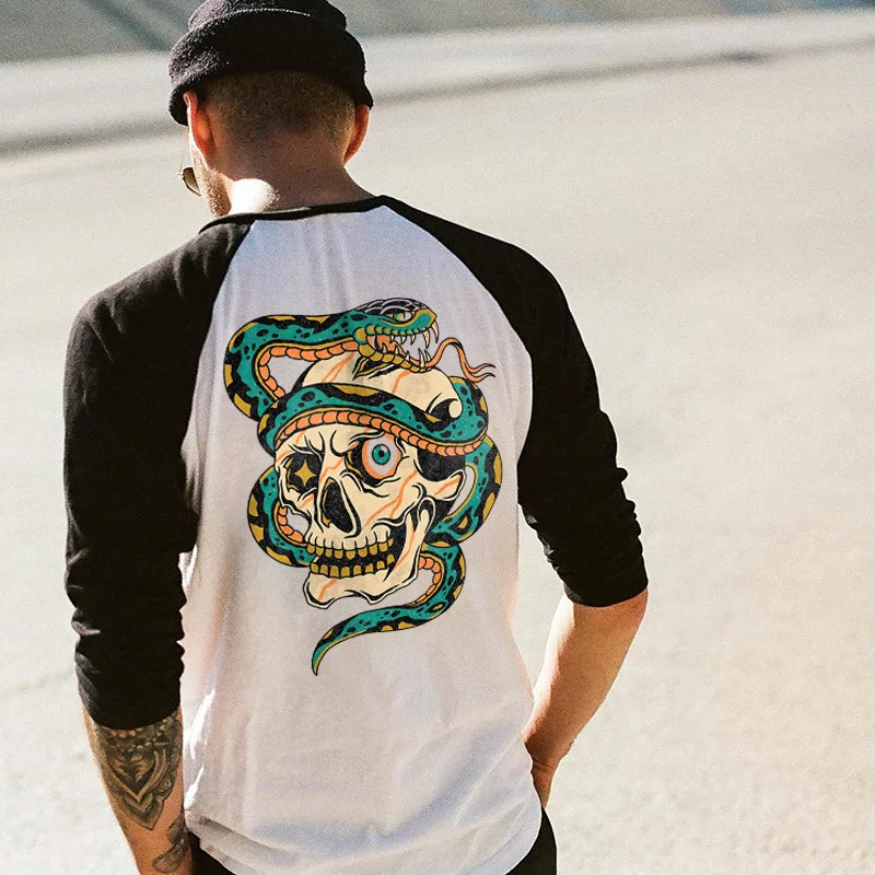 Death skull and snake designer color block t-shirt -  