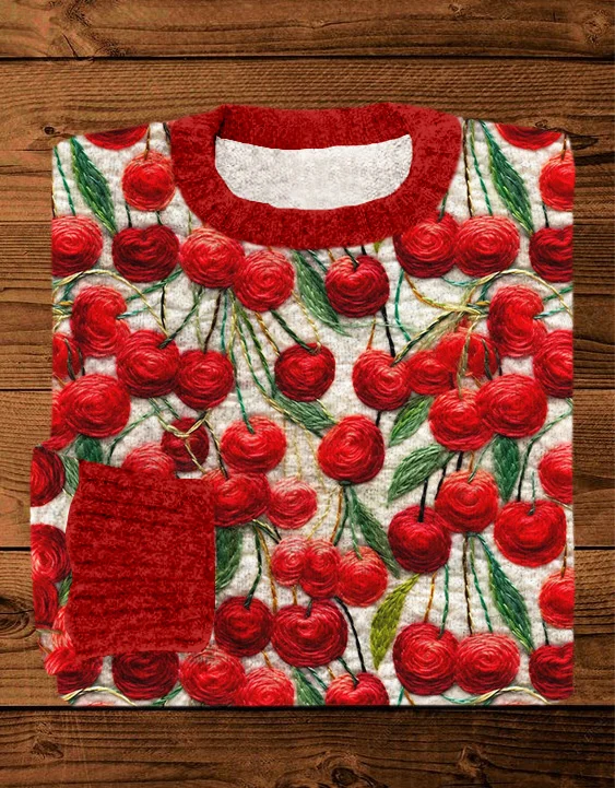 VChics Red Cherry Embroidery Pattern Cozy Knit Sweater