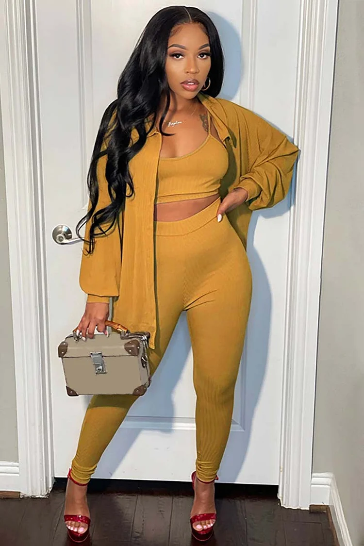 Lantern Sleeve Cardigan Crop Cami High Waist Legging Pants Three-Piece Set