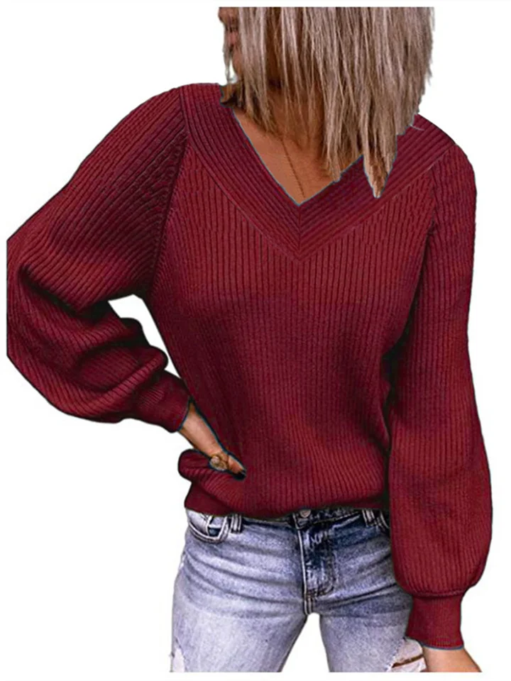 Autumn and Winter New Large Size Loose Knit Sweater V-neck Solid Color Pullover Sleeve Sweater Women's-JRSEE