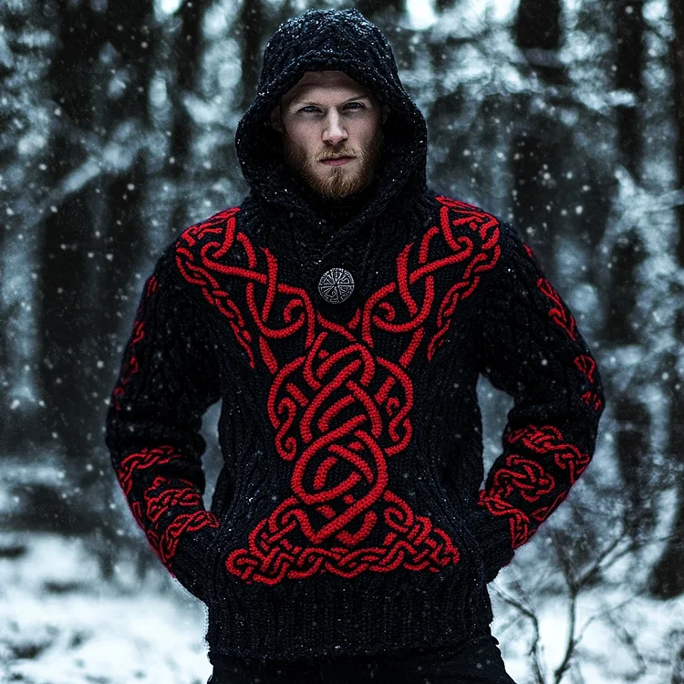 Viking Celtic Knot Pattern Cozy Knit Hooded Sweater