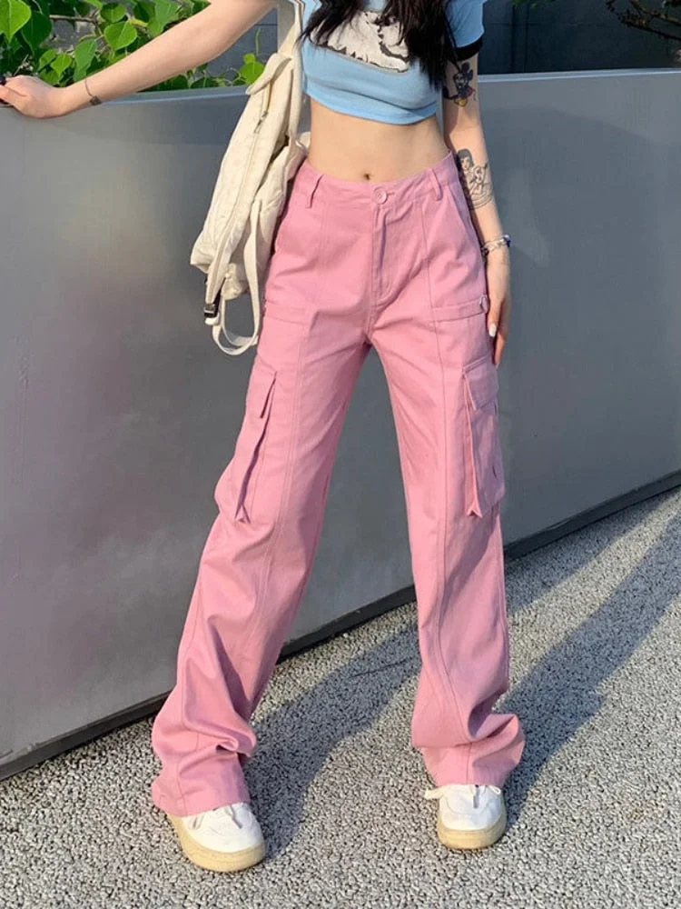 uforever21 Vintage Pink Cargo Jeans Women Egirl Streetwear Beige Wide Leg Denim Pants Oversize Flap Pocket Harajuku Trousers