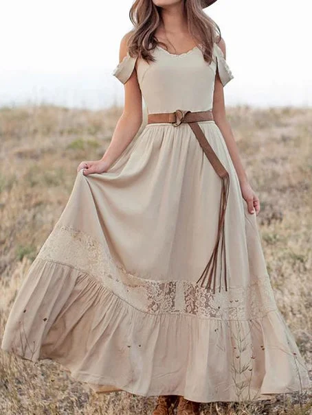 Spring/Summer V-neck lace off-the-shoulder solid color long A-line dress