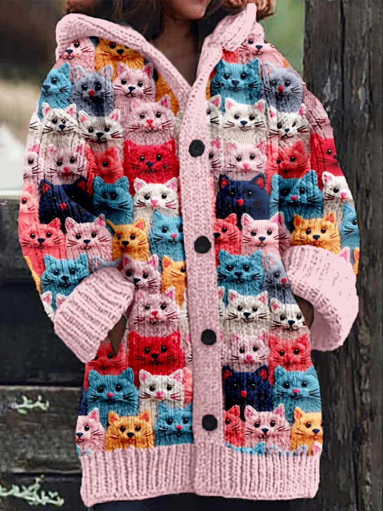 Colorful Spring Cats Pattern Cozy Hooded Cardigan