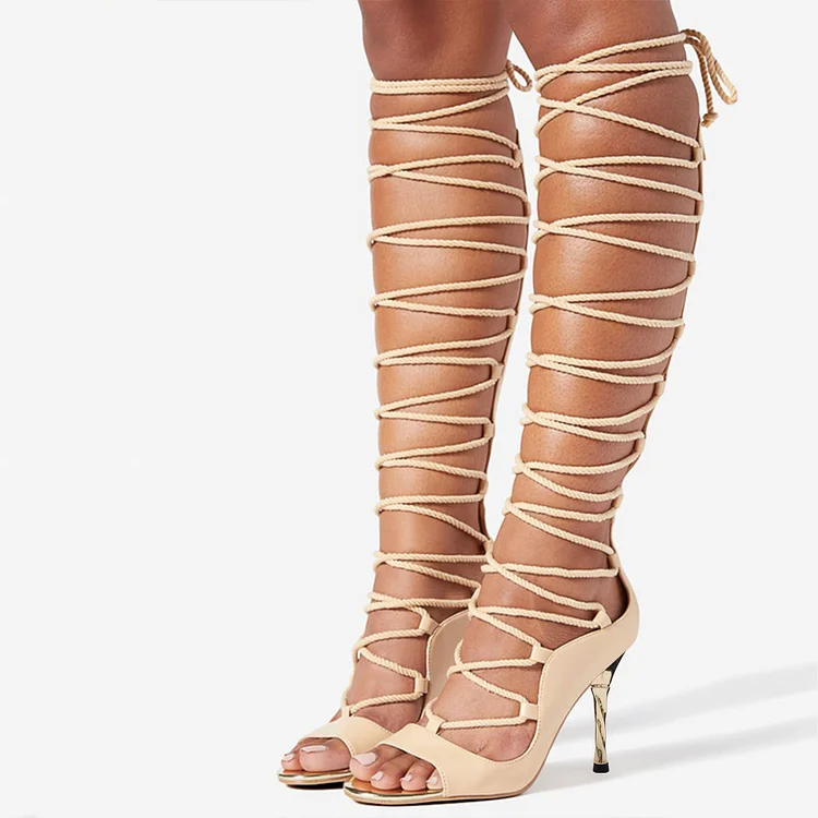 Nude Open Toe Stiletto Heel Strappy Knee-High Gladiator Sandals |FSJ Shoes