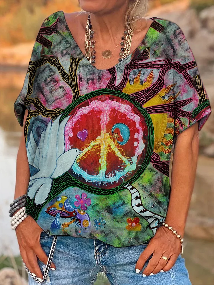 Women's V-neck Peace Dove Print Top socialshop