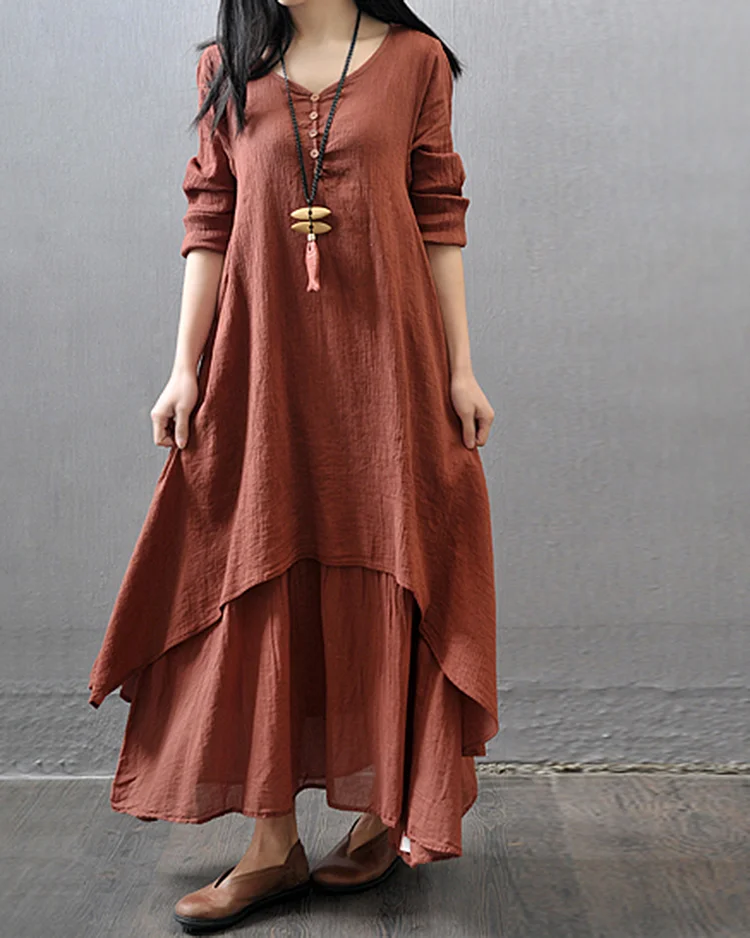Fake Two Pieces Loose Cotton Linen Dress