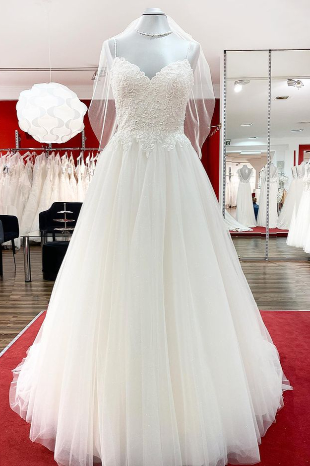 Tulle Long Wedding Dress Lace Appliques Bridal GownsSpaghetti-Strap –  ballbellauk