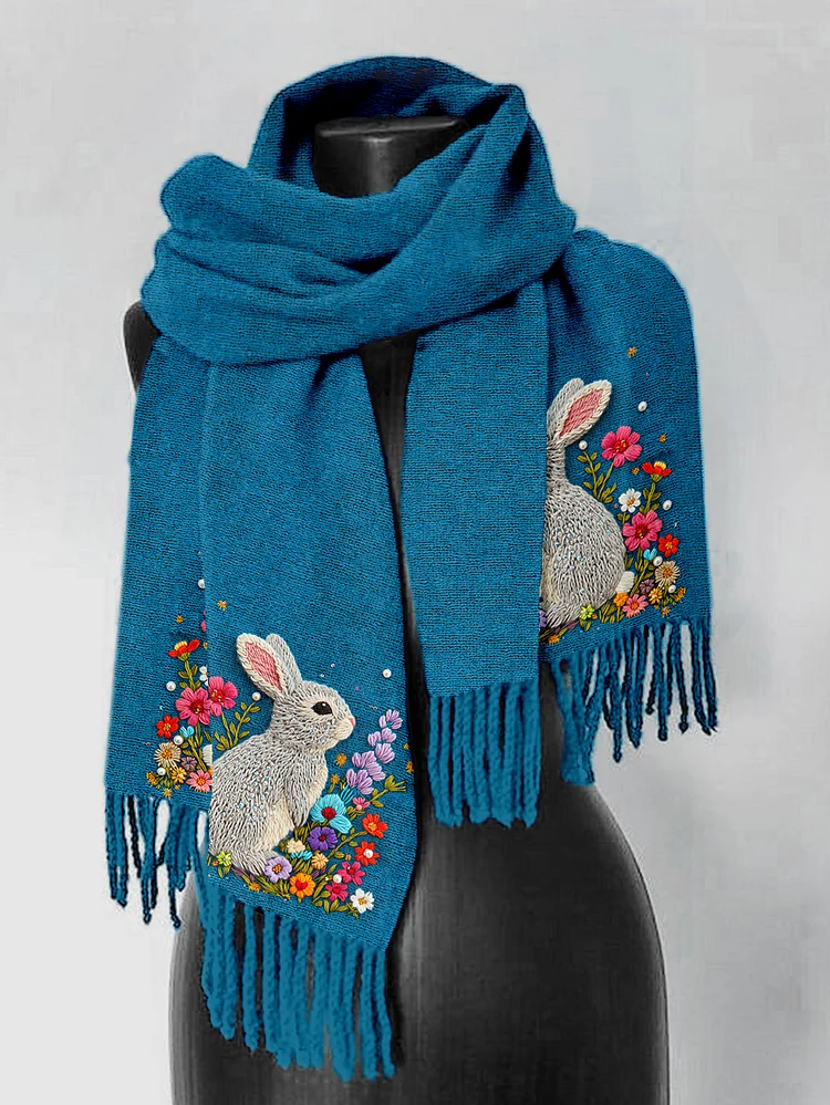 Comstylish Bright Pastel Knitted Bunny Pattern Comfy Tassel Scarf