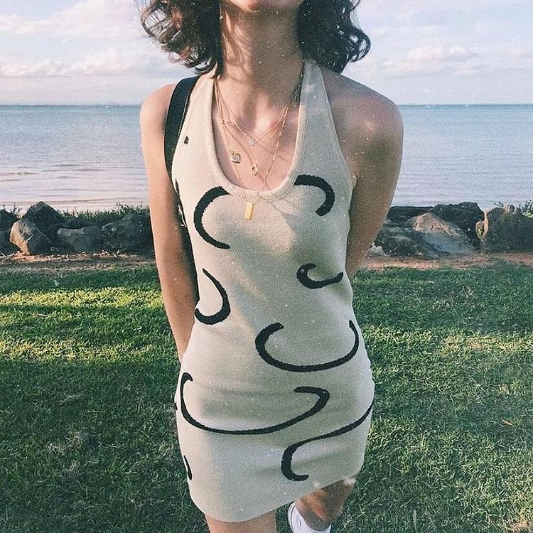 Y2K Knitted Mini Dress Women Halter Neck Backless White Print Sleeveless Summer Beach Bodycon Sexy Dresses - BlackFridayBuys