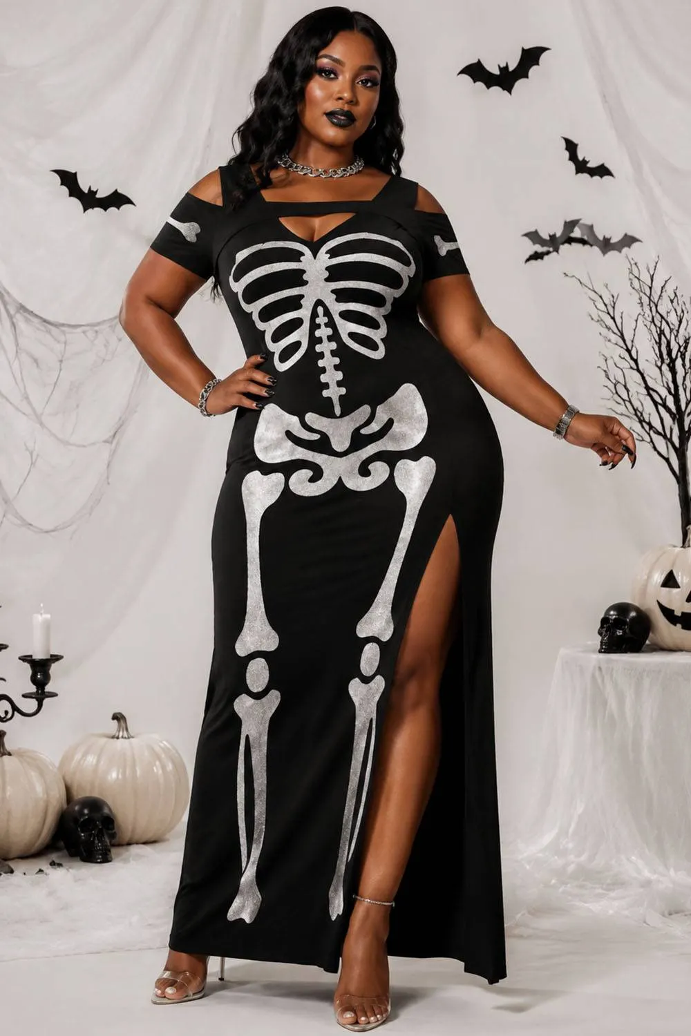 Xpluswear Plus Size Halloween Black Skeleton Print Cold Shoulder